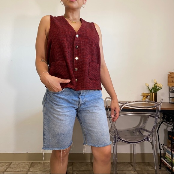 Roos Atkins Vintage L Red Herringbone V Neck Button up Vest Sleeveless Wool - Picture 3 of 7